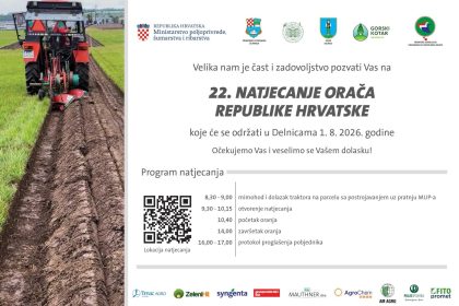 Službeni plakat s programom 22. Natjecanja orača RH u Delnicama i fotografijom crvenog traktora u oranju.