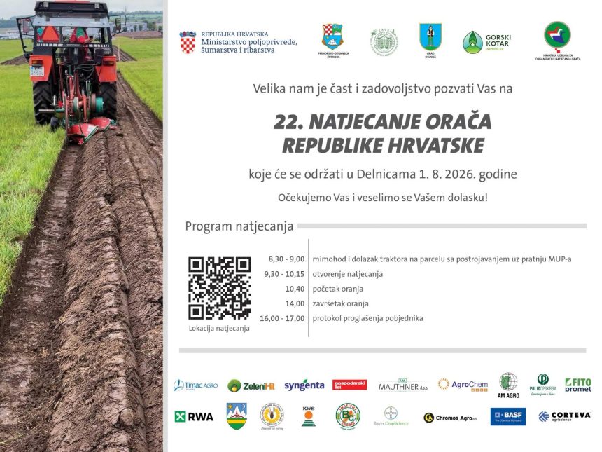Službeni plakat s programom 22. Natjecanja orača RH u Delnicama i fotografijom crvenog traktora u oranju.